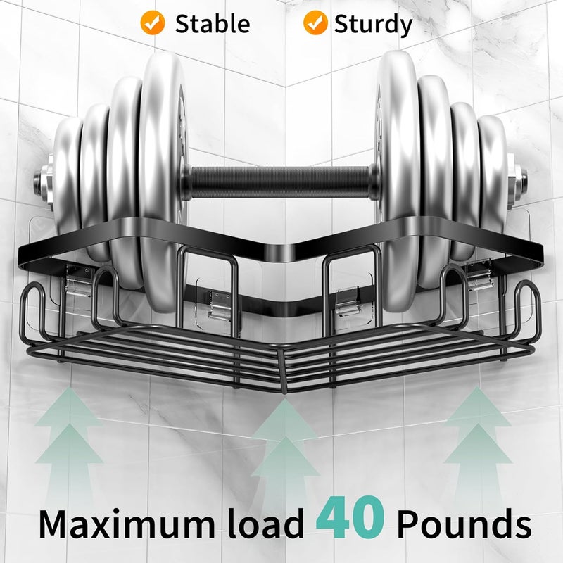 Moforoco 5-Pack Shower Caddy, L-Shaped, 10.2in Diameter, 90-Degree Right Angle, Rustproof, Easy Installation, 12 Hooks, Soap Holder, Adhesive Corner Shower Organizer, Black - Image 3